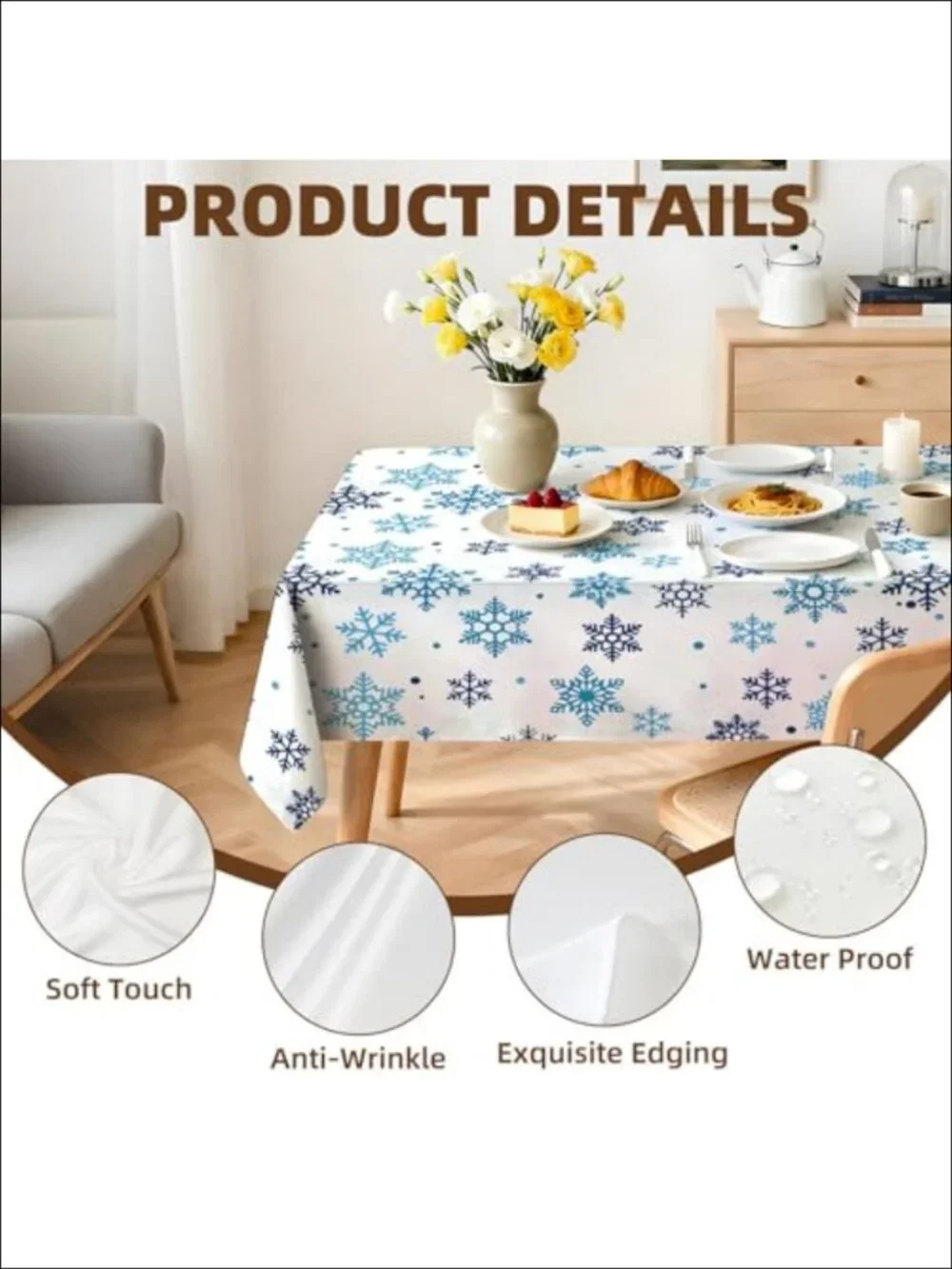 Waterproof Wipeable Tablecloth 126 x 60 Inch Reusable Fits 8-10 Guests